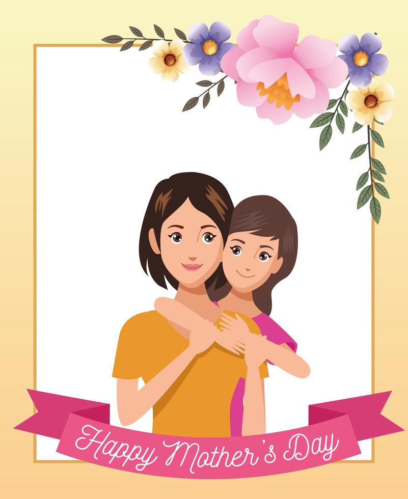 vacker mamma med dotter och blommor ram mödrar dagkort vektor