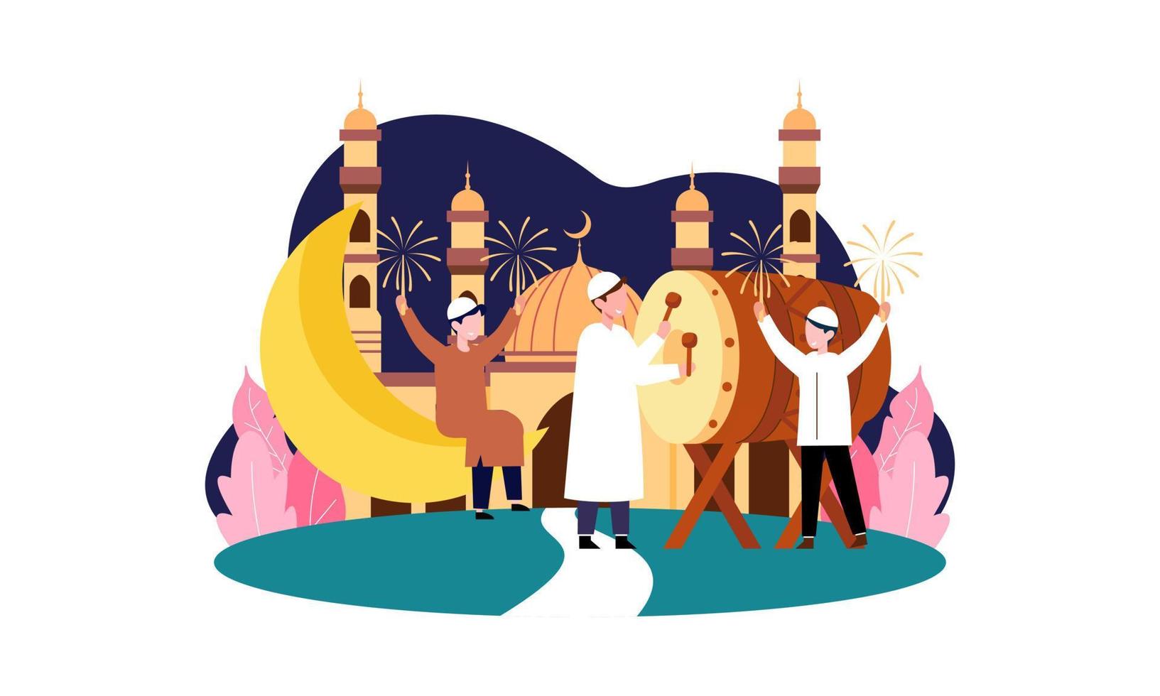 glückliches eid mubarak, ramadan mubarak grußkonzept mit menschencharakterillustration vektor