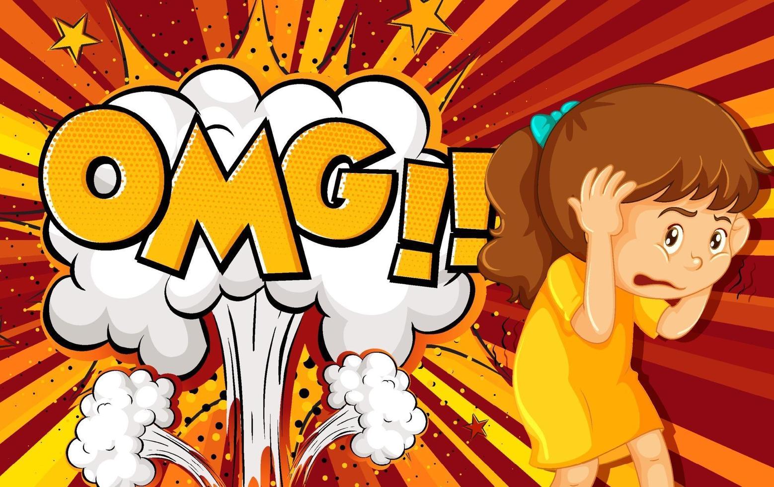 Omg Wort auf Explosion Hintergrund mit Mädchen Zeichentrickfigur vektor