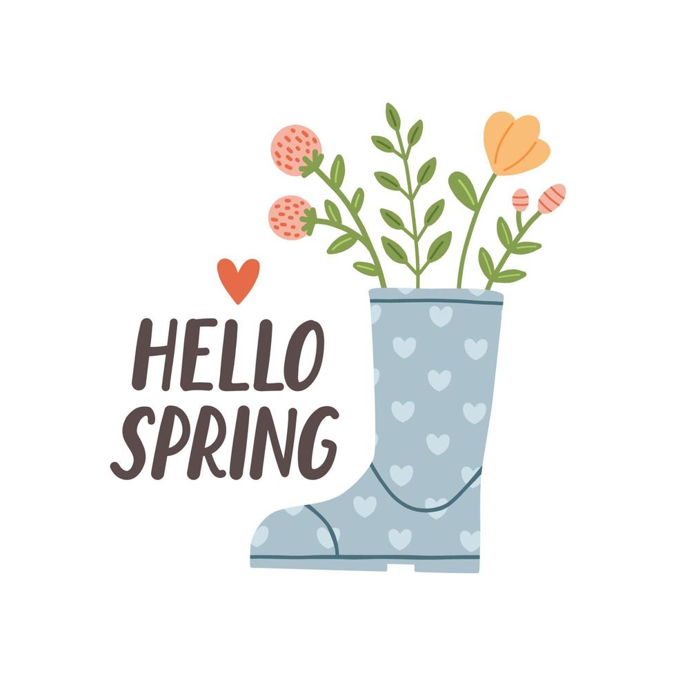 Hallo Frühling. süß Regen Stiefel mit Blumen Pflanzen. Hand gezeichnet Frühling drucken, Karte, Poster. Hand geschrieben Text, Beschriftung vektor