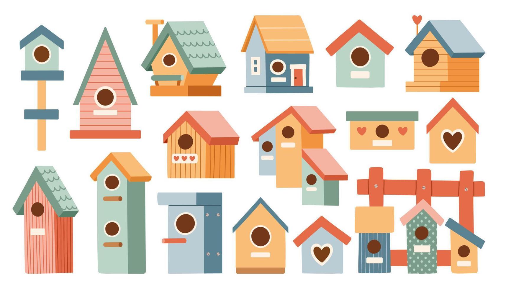 Vogel Häuser einstellen Vektor Illustration. Karikatur süß bunt Vogelhäuser Sammlung, Feeder auf Garten Baum