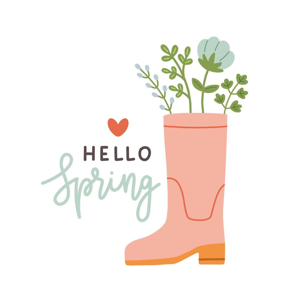 Hallo Frühling. süß Regen Stiefel mit Blumen Pflanzen. Hand gezeichnet Frühling drucken, Karte, Poster. Hand geschrieben Text, Beschriftung vektor