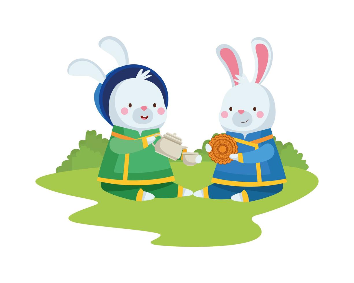 Kaninchenkarikaturen mit traditioneller Kleidung und Mondkuchenvektorentwurf vektor