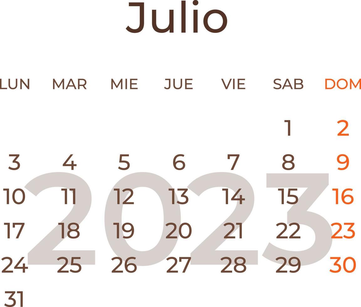 Kalender Monat Juli im Spanisch 2023. vektor