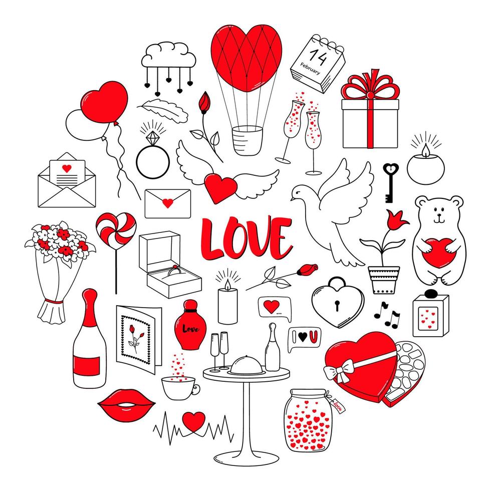 glücklich Valentinstag Tag. einstellen von süß Hand gezeichnet Elemente gemalt im Rot. runden Konzept. vektor