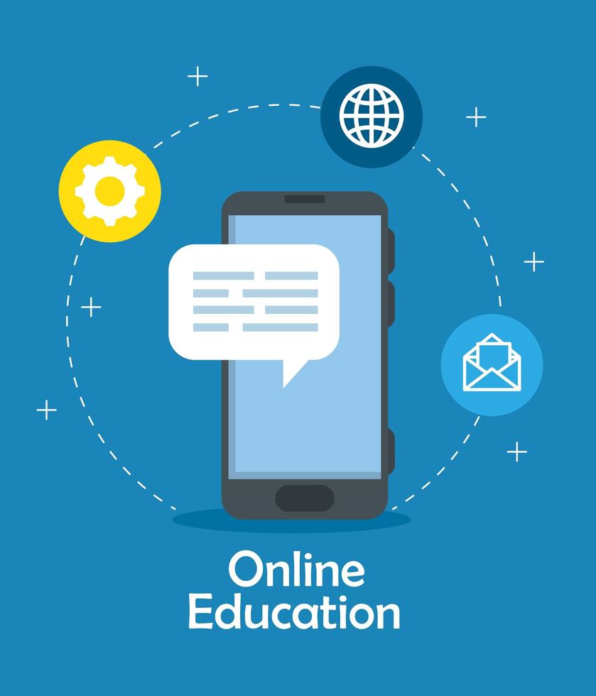 online-utbildningsteknik med smartphone och ikoner vektor