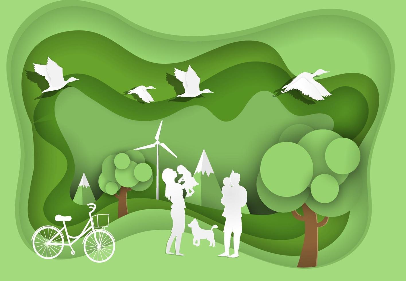 glückliche Familie auf grünem Park mit Öko- und Weltumwelttag vektor