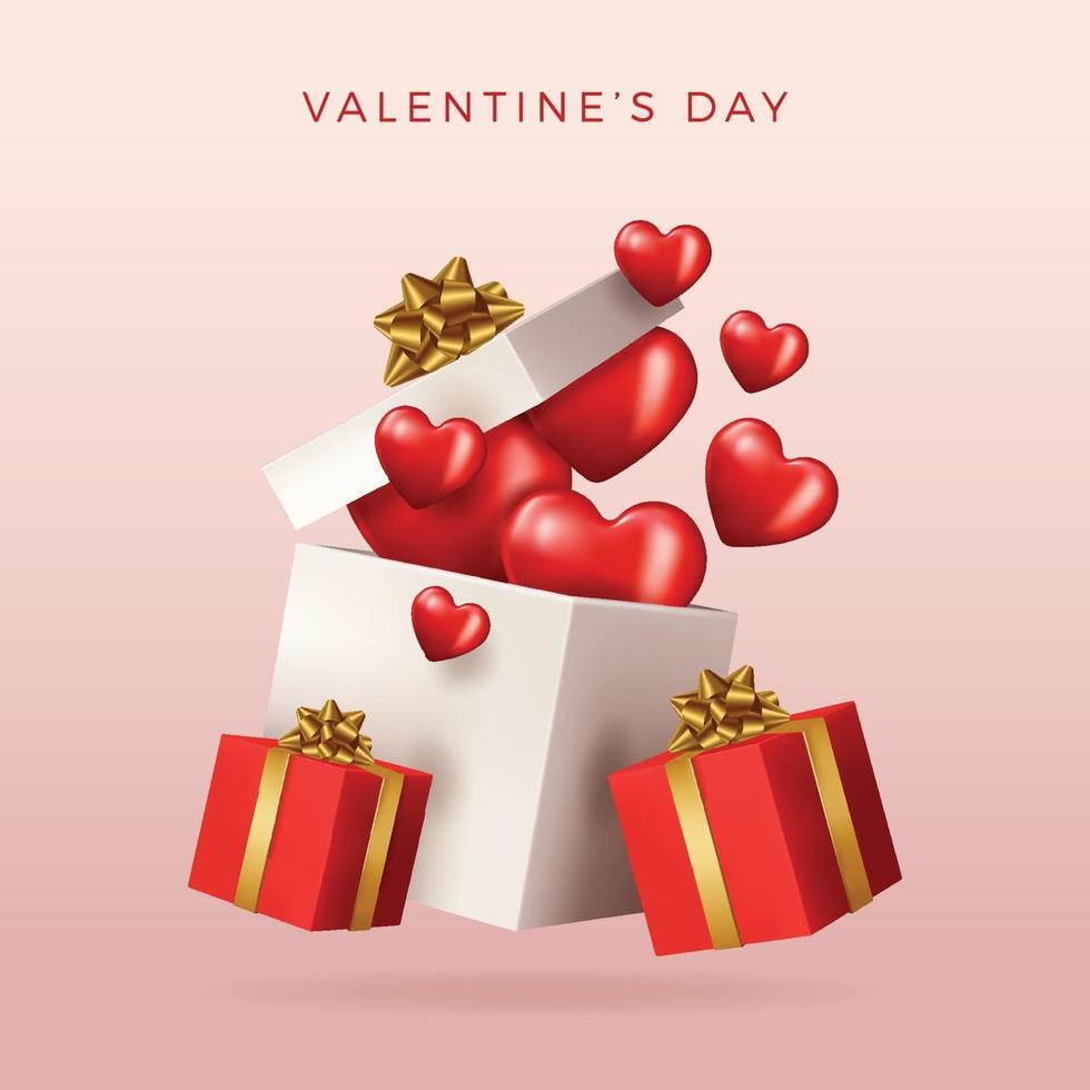 Valentinstag Design. realistische rote Geschenkboxen. offene Geschenkbox voller dekorativer Festgegenstände. Feiertagsbanner, Webplakat, Flyer, stilvolle Broschüre, Grußkarte, Umschlag. romantischer Hintergrund vektor