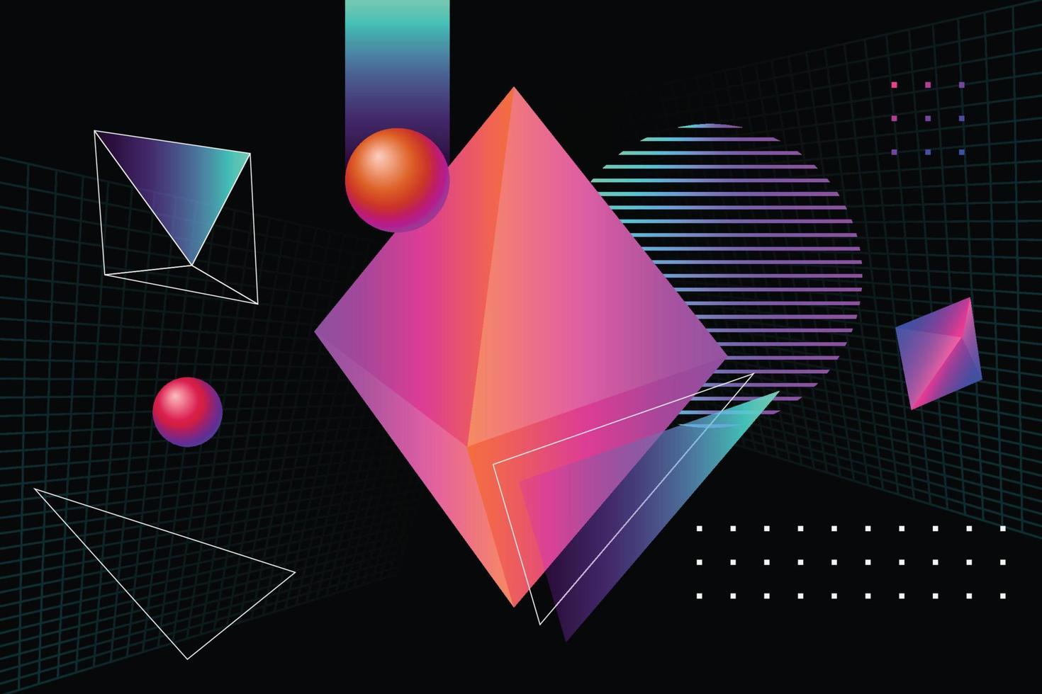 modern und modisch Komposition von abstrakt geometrisch Formen Illustration. isometrisch Flüssigkeit Gradient und Gitter Gliederung Rhombus auf schwarz Hintergrund vektor