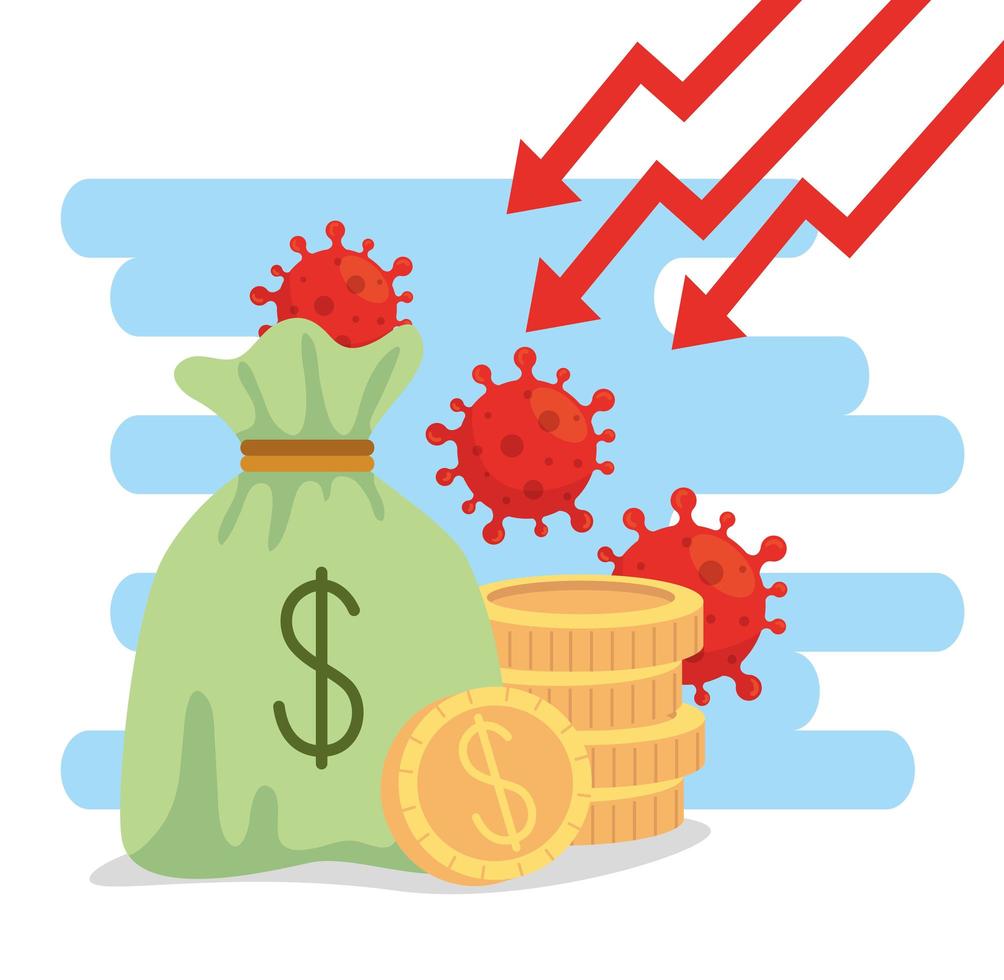 pengar väska och ikoner av coronavirus ekonomiska effekter vektor