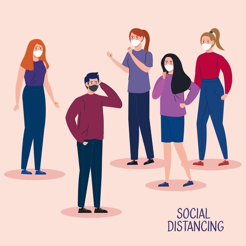 Coronavirus-Kampagne zur sozialen Distanzierung mit Personen, die Gesichtsmasken tragen vektor