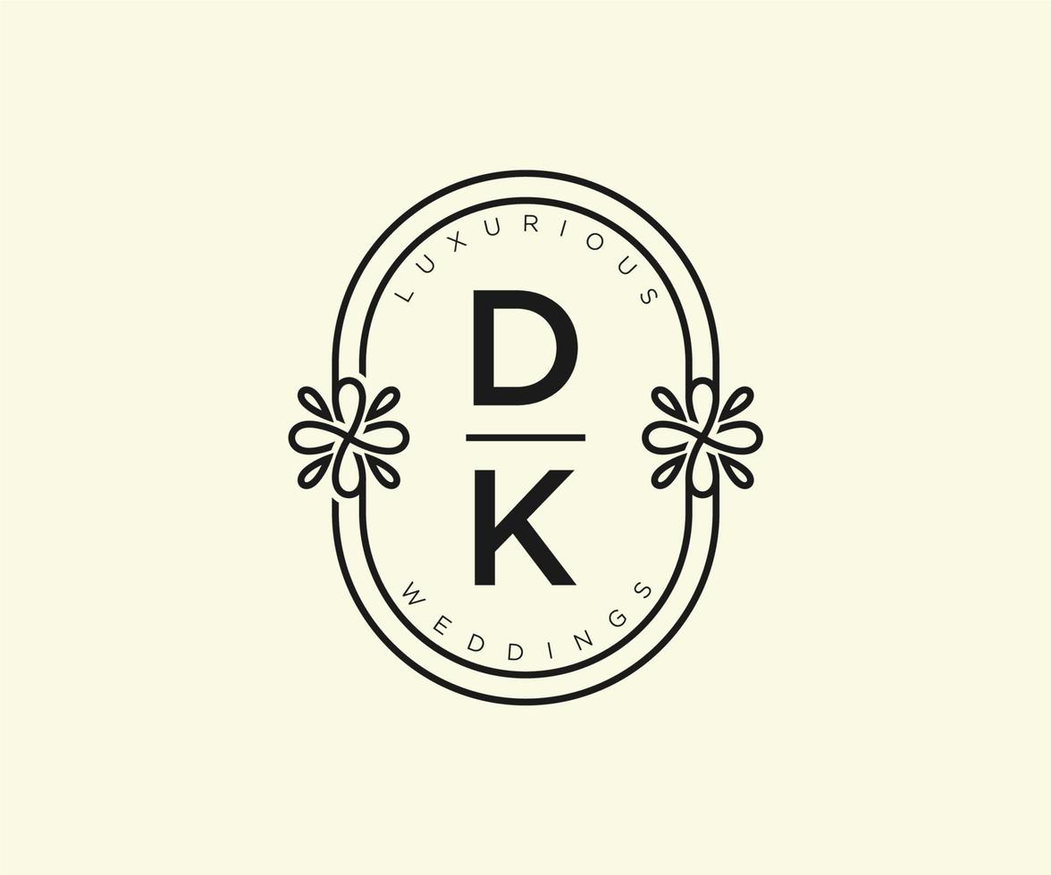 dk initialen brief hochzeitsmonogramm logos vorlage, handgezeichnete moderne minimalistische und florale vorlagen für einladungskarten, datum speichern, elegante identität. vektor