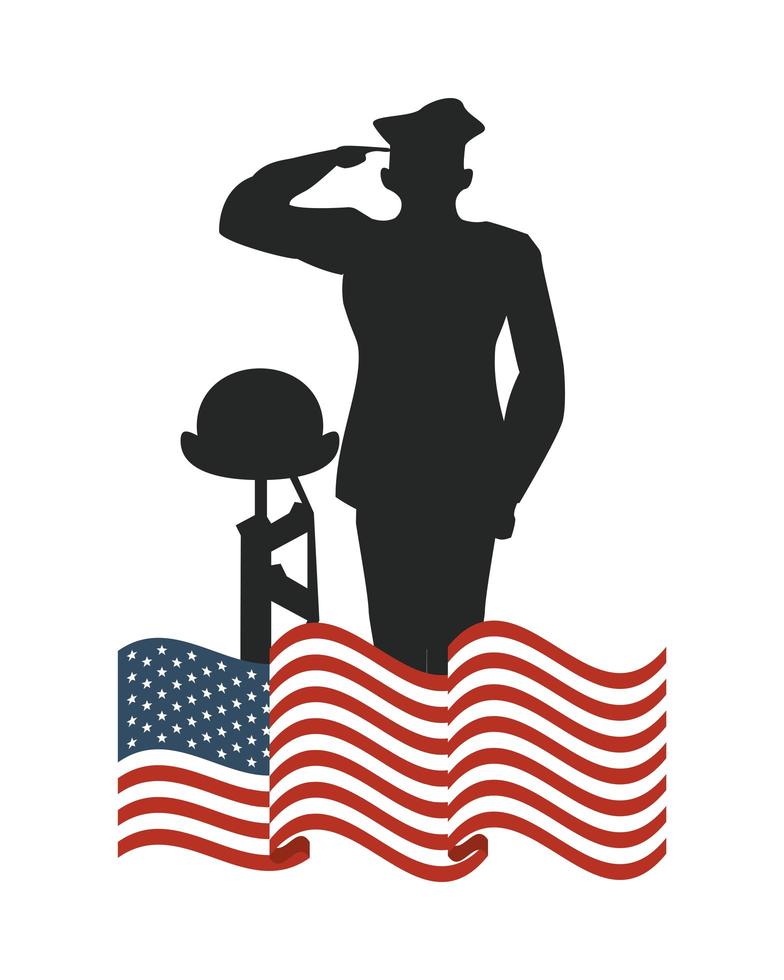 Amerikas förenta stater flagga med officer och gevär siluett vektor