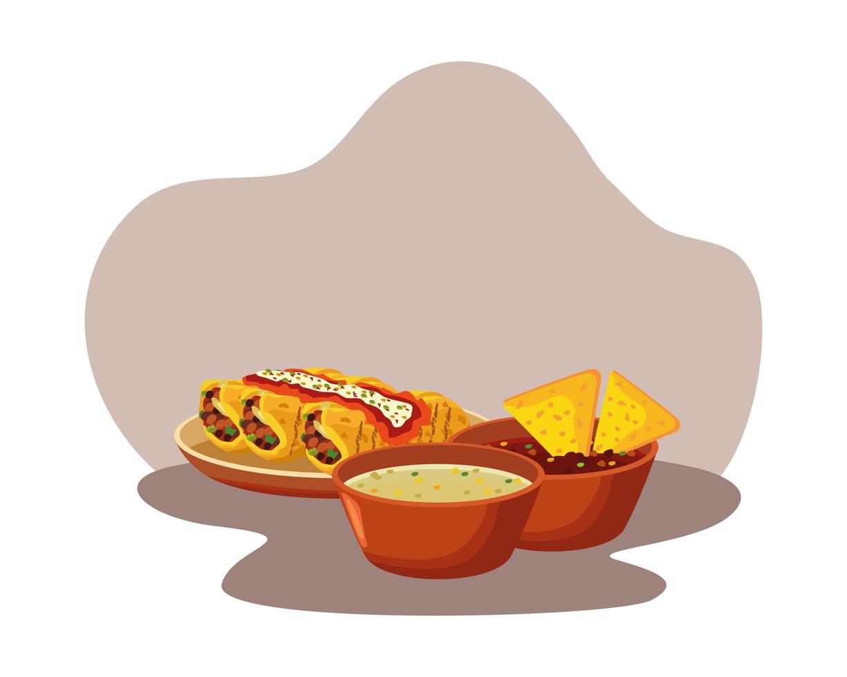 leckere mexikanische Burritos in Gericht und Nachos mit Saucen vektor