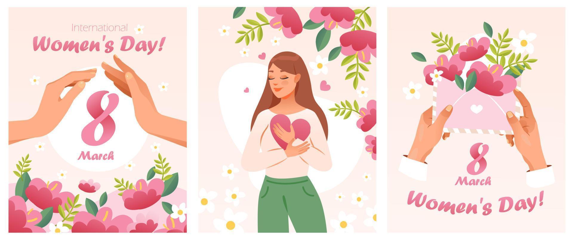 International Damen Tag Gruß Karten. März 8 Plakate mit Blumen und ein Frau. Karikatur Vektor Illustration.