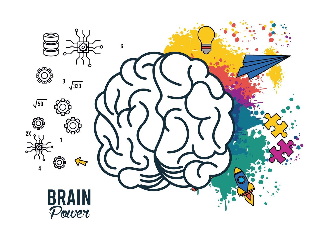 Brain Power Poster mit Farben und Set Items vektor