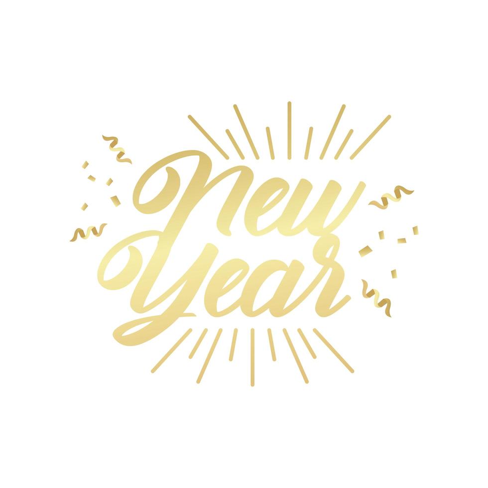 Frohes neues Jahr goldener Schriftzug im Sunburst-Rahmen mit Konfetti vektor