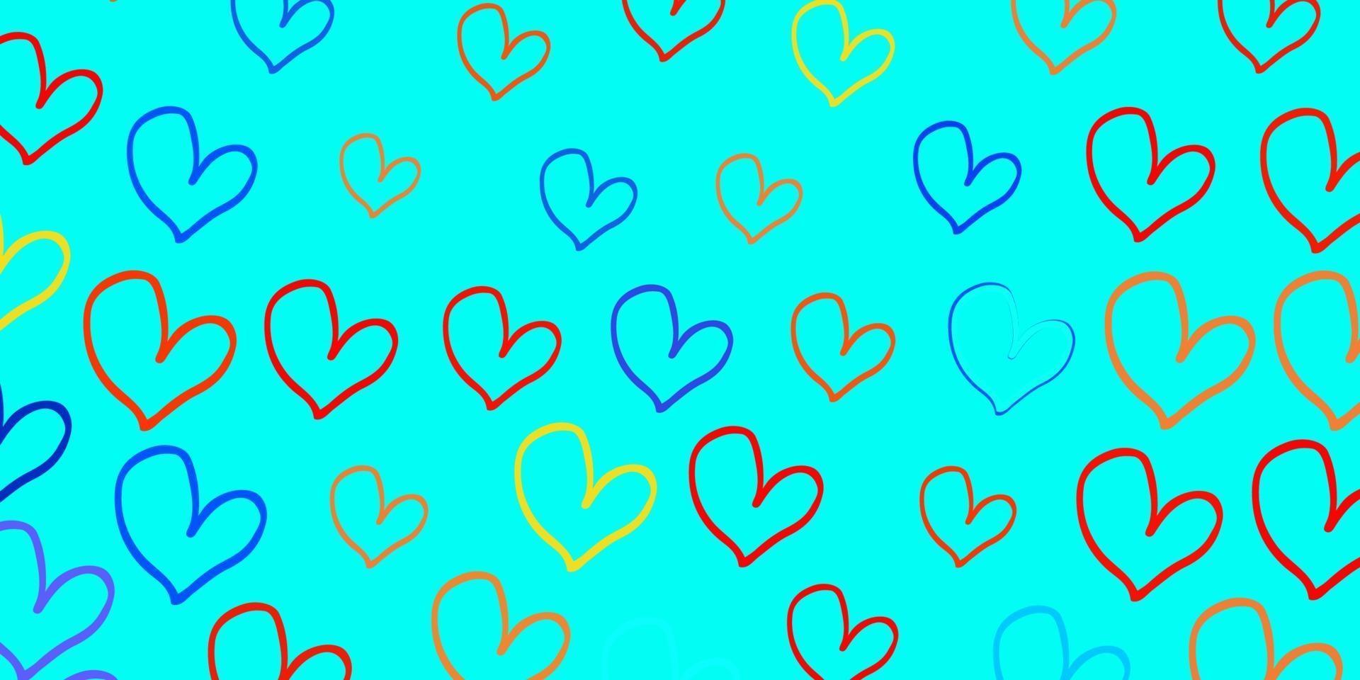 ljusblått, gult vektormönster med färgglada hjärtan. vektor