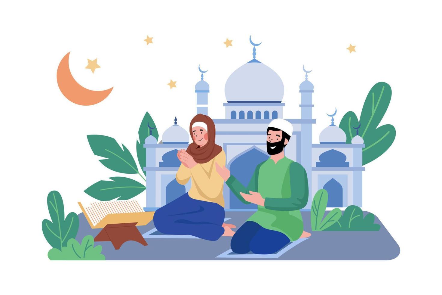muslim par är läsning al quran i främre av moské vektor