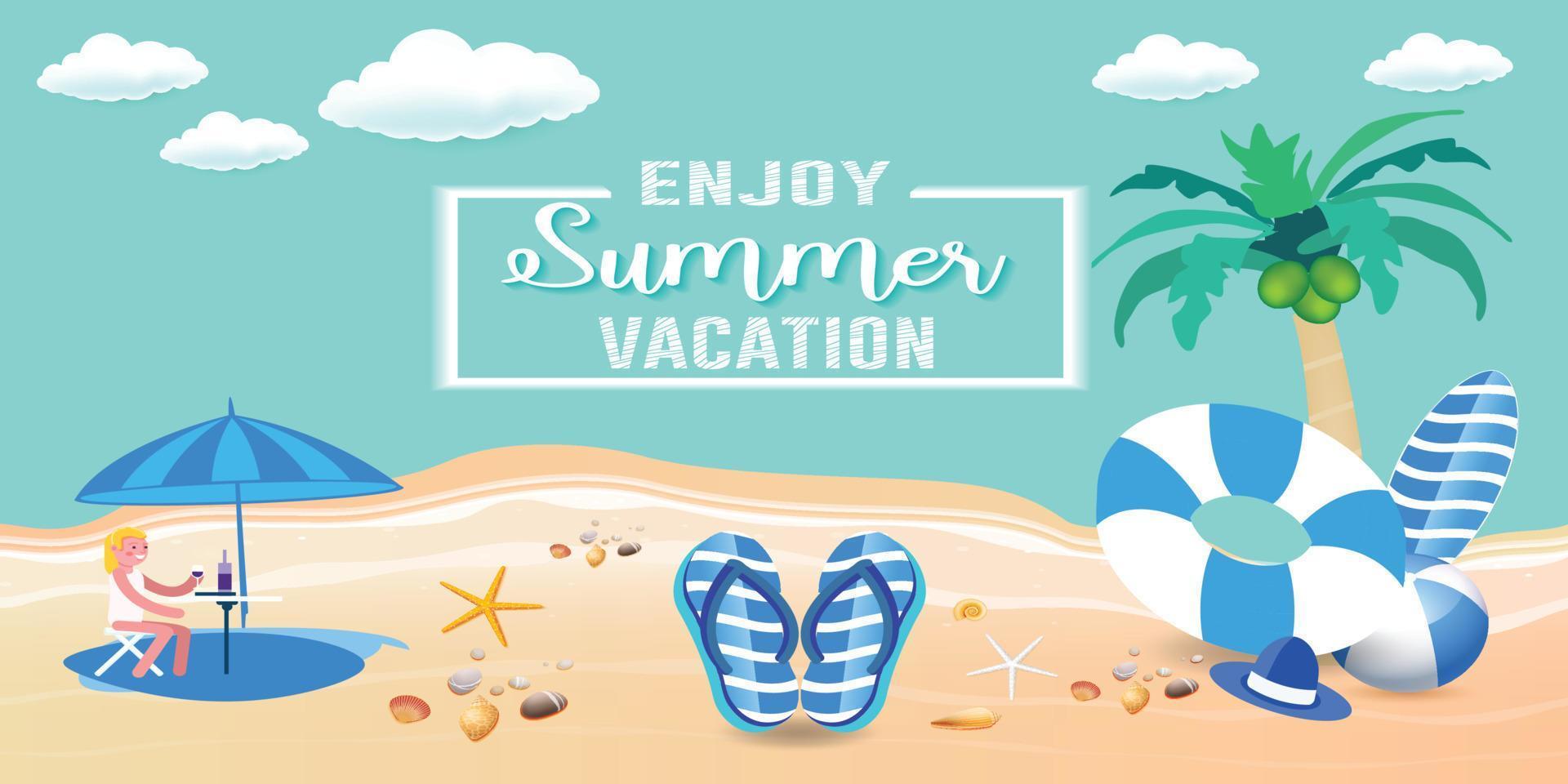 Sommer- Verkauf Banner Vorlage Beförderung mit Produkt 3d Produkt Anzeige. Hallo Sommer- Urlaub Strand horizontal Banner. Hallo Sommer- Ferien Rabatt Reise Poster. bunt tropisch Meer Strand Landschaft. vektor