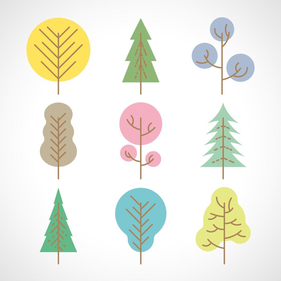 Satz von neun mehrfarbigen Bäumen auf weißem Hintergrund. Vektor-Illustration. vektor