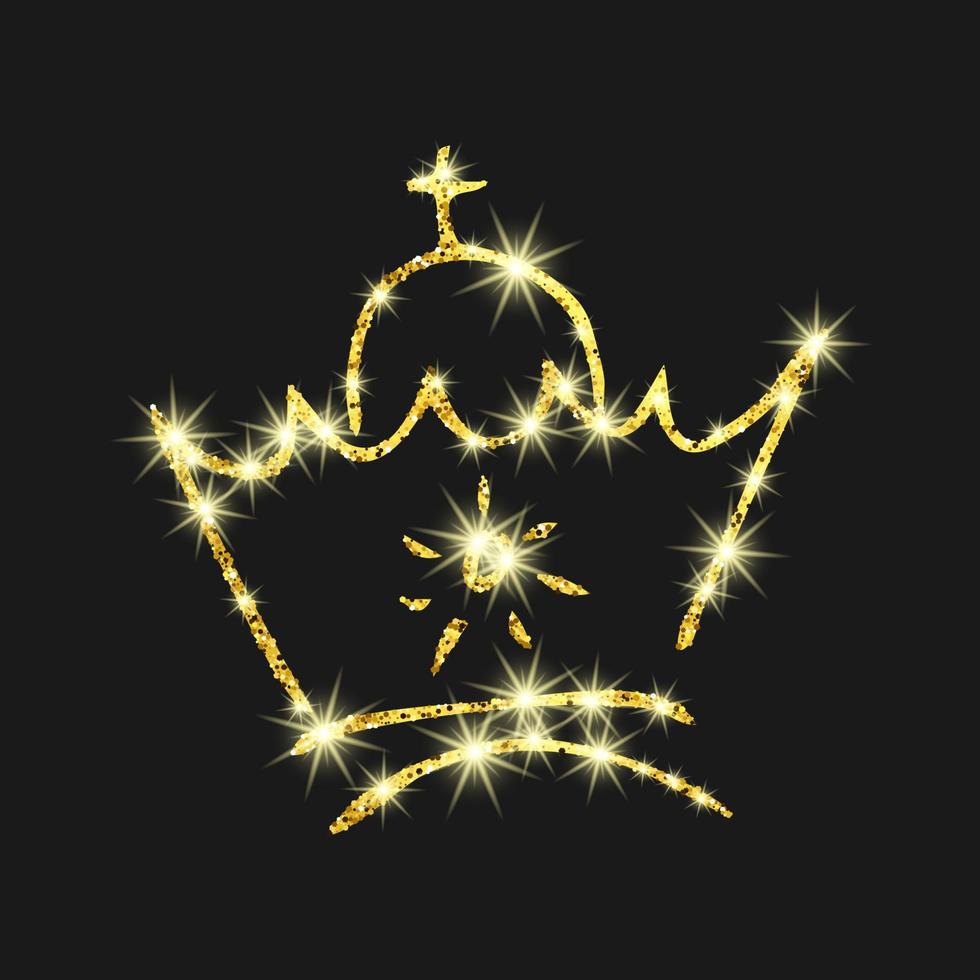 guld glitter hand dragen krona. enkel graffiti skiss drottning eller kung krona. kunglig kejserlig kröning och monark symbol isolerat på mörk bakgrund. vektor illustration.