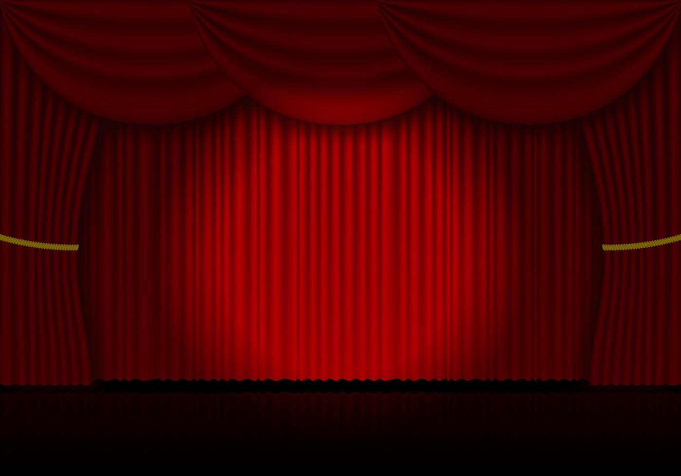 röd ridå opera, bio eller teater skede draperier. strålkastare på stängd sammet gardiner bakgrund. vektor illustration