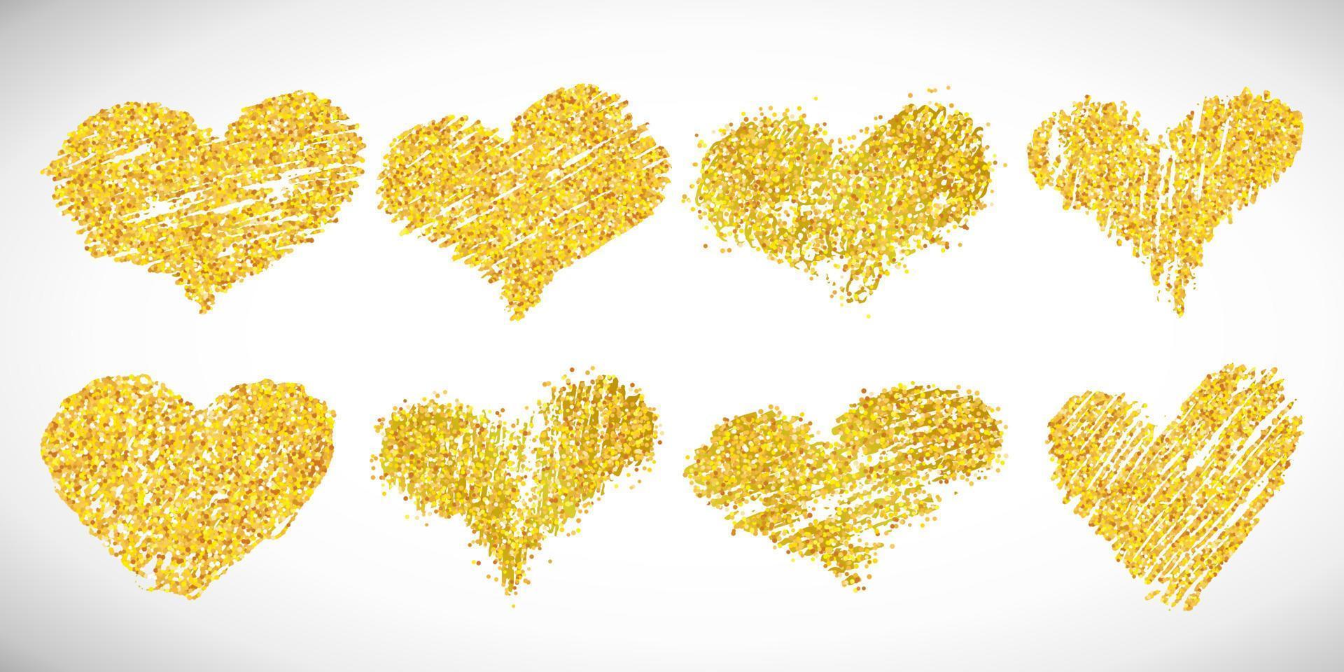 einstellen von acht Hand gezeichnet golden funkeln Herzen. Symbol von Liebe. Vektor Illustration