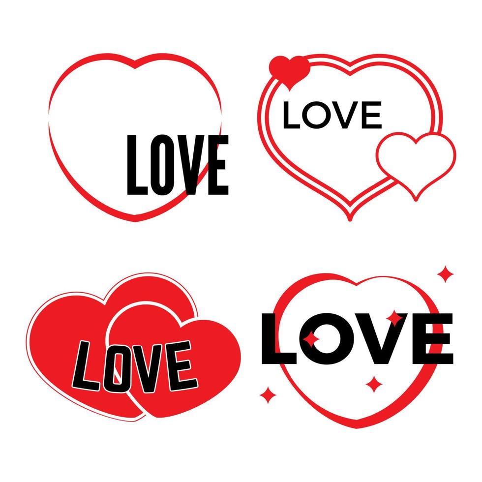 uppsättning av fyra röd hjärtan på en vit bakgrund med inskrift kärlek. vektor illustration.