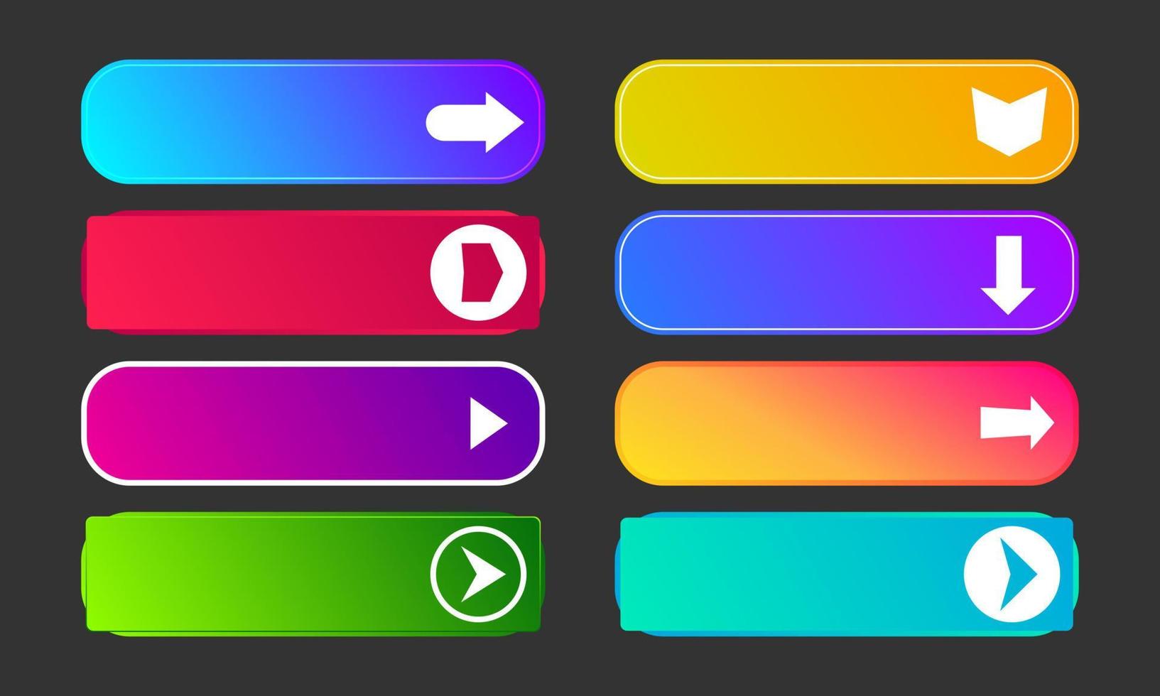 färgrik lutning knappar med pilar. uppsättning av åtta modern abstrakt webb knappar. vektor illustration