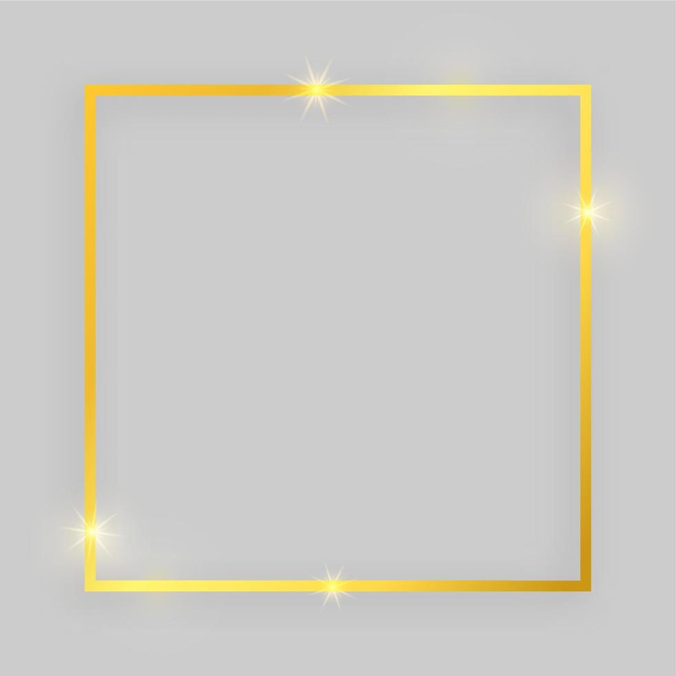 skinande ram med lysande effekter. guld fyrkant ram med skugga på grå bakgrund. vektor illustration