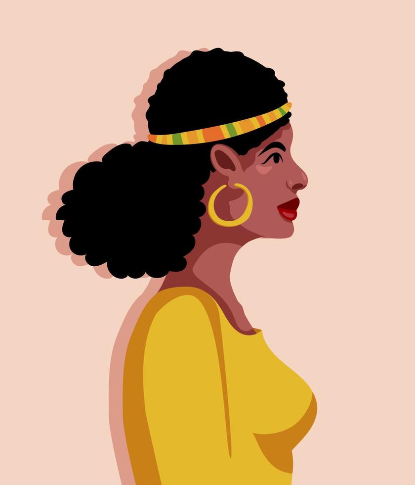 schwarz Frau im Gelb Kleid und Ohrringe mit schick Frisur, Porträt, Vektor Kunst, zeigen schwarz Ethnizität, Damen Tag Poster, Banner mit schwarz schön Frau.
