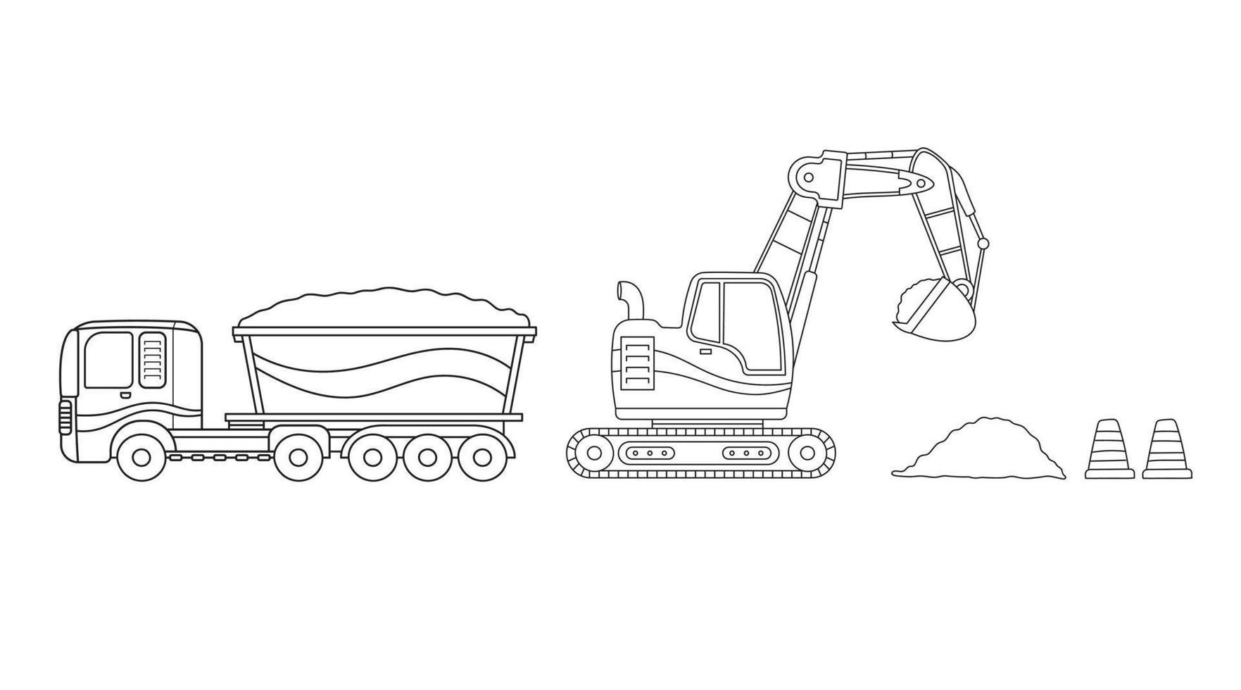 Hand gezeichnet Vektor Illustration Farbe Kinder Konstruktion Mini Bagger, Dump LKW, und der Verkehr Zapfen