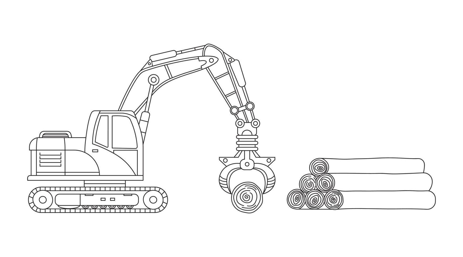 hand dragen vektor illustration Färg barn konstruktion hydraulisk grabber klo grävmaskin med trä loggar och konstruktion arbetstagare