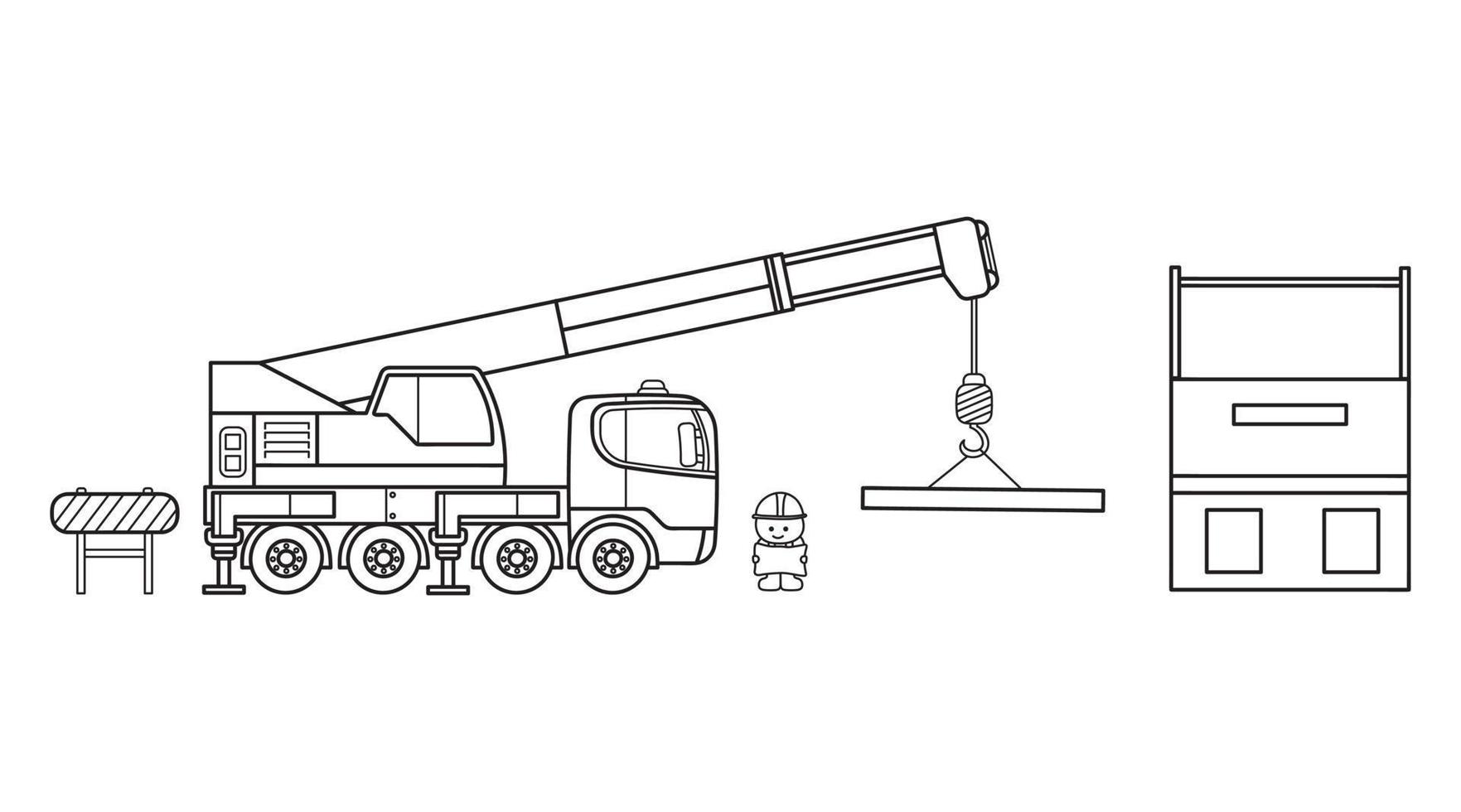 Hand gezeichnet Vektor Illustration Farbe Kinder Konstruktion Kran LKW mit Gebäude und Konstruktion Arbeiter