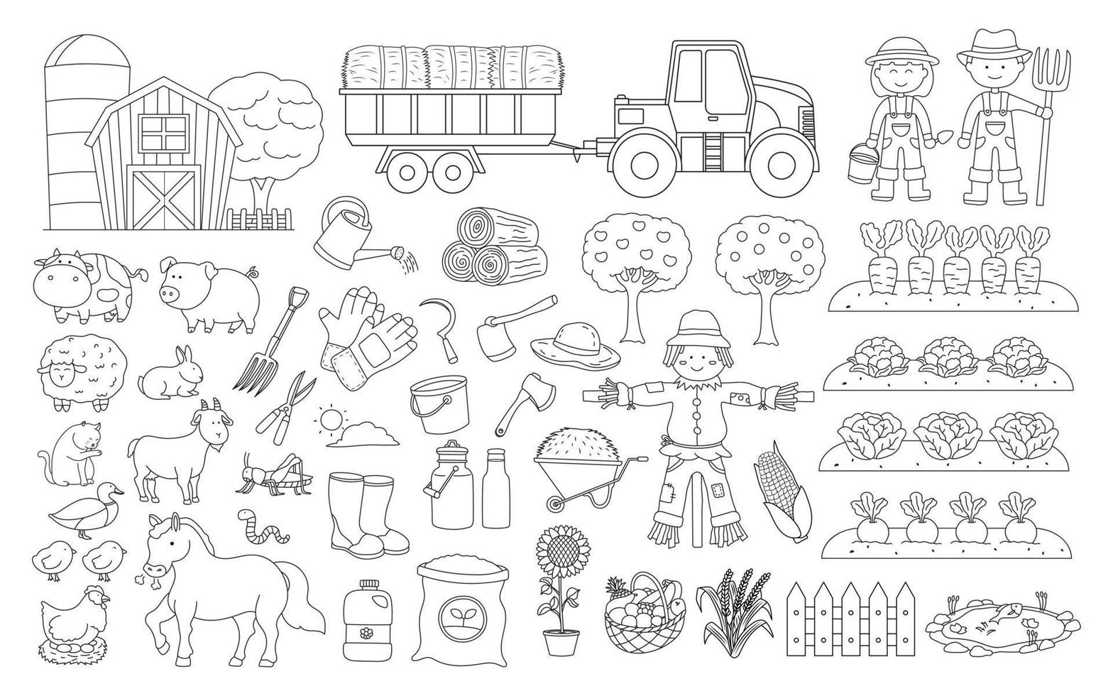 Hand gezeichnet Farbe Kinder Vektor Illustration von Landwirtschaft liefert und Ausrüstung mit Bauern, Scheune, Tiere, und Traktor. Bauernhof Konzept mit Pflanzen, Früchte, Gemüse und andere organisch Produkte