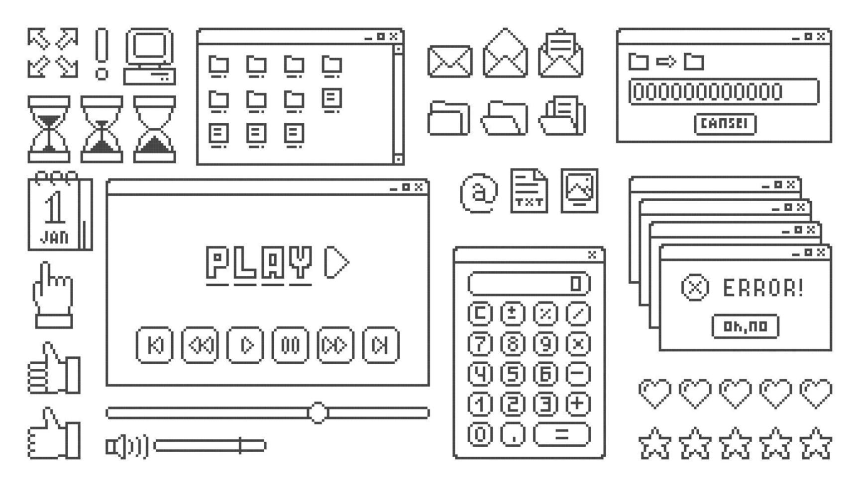 alt Computer Schnittstelle Elemente Satz. retro pc Fenster, mit Tasten. Vektor Illustration im Pixel Stil.