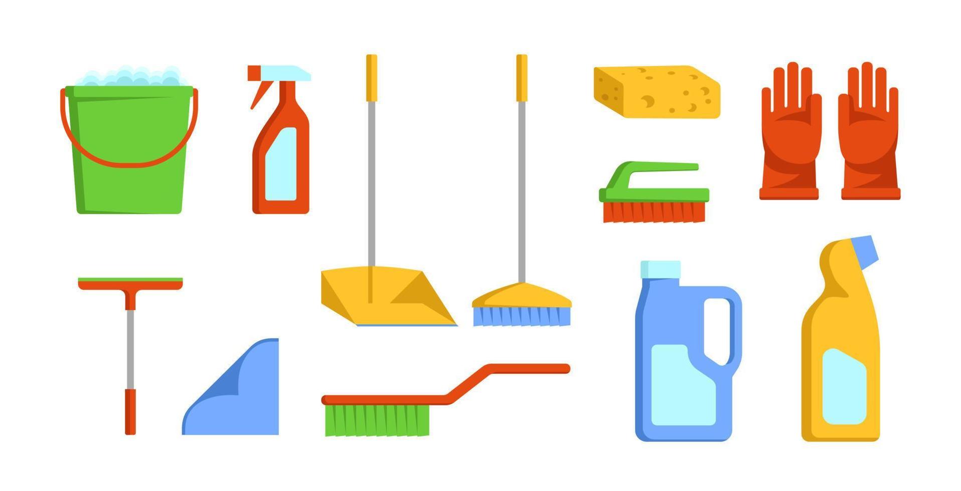 uppsättning av rengöring Produkter och Tillbehör. hushåll rengöring Produkter, handskar, borsta, trasa, svamp, sopskyffel. vektor illustration i en platt stil.