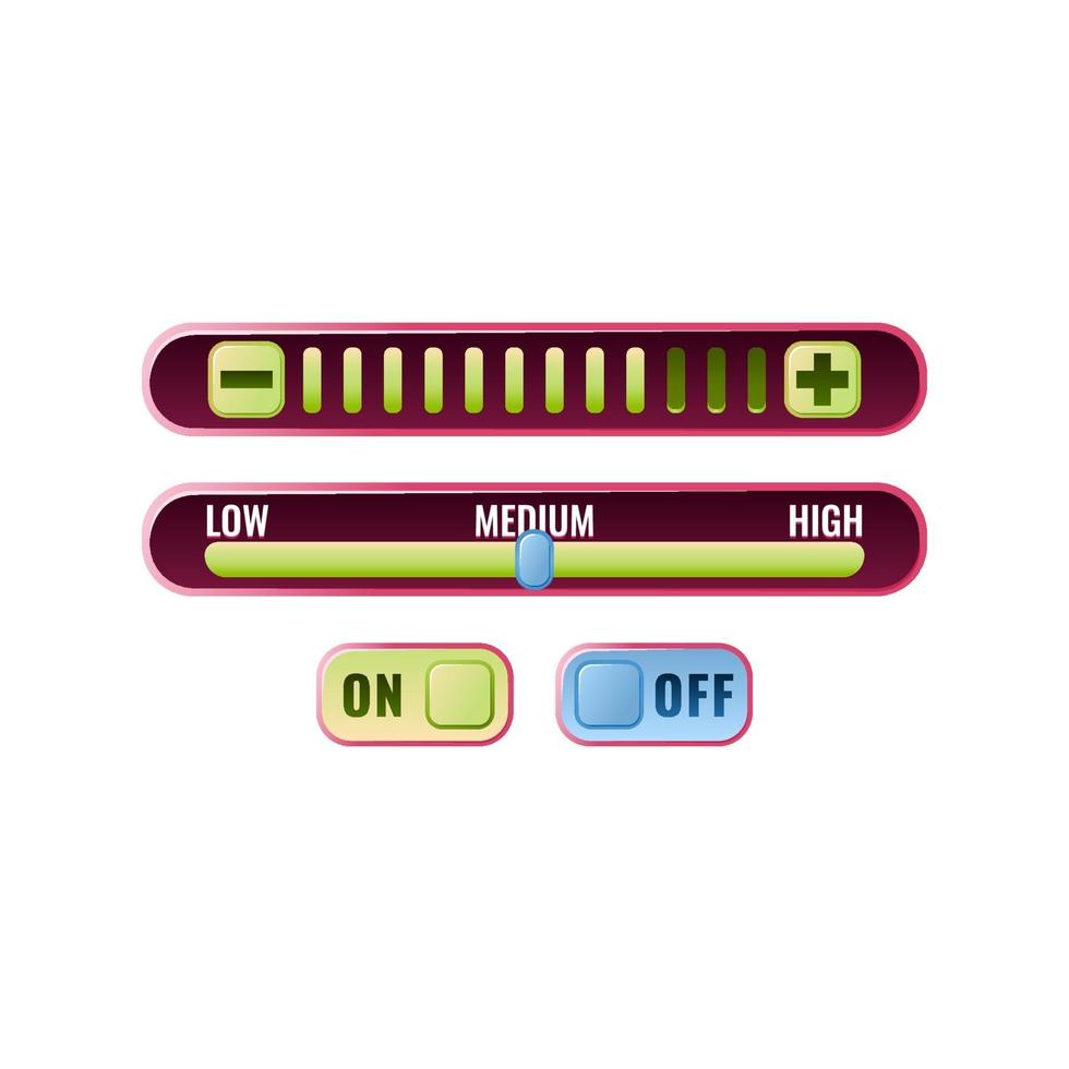 Set von lustigen rosa Spiel-UI-Bedienfeld mit Ein-Aus-Taste und Fortschrittsmenü für GUI-Asset-Elemente vektor