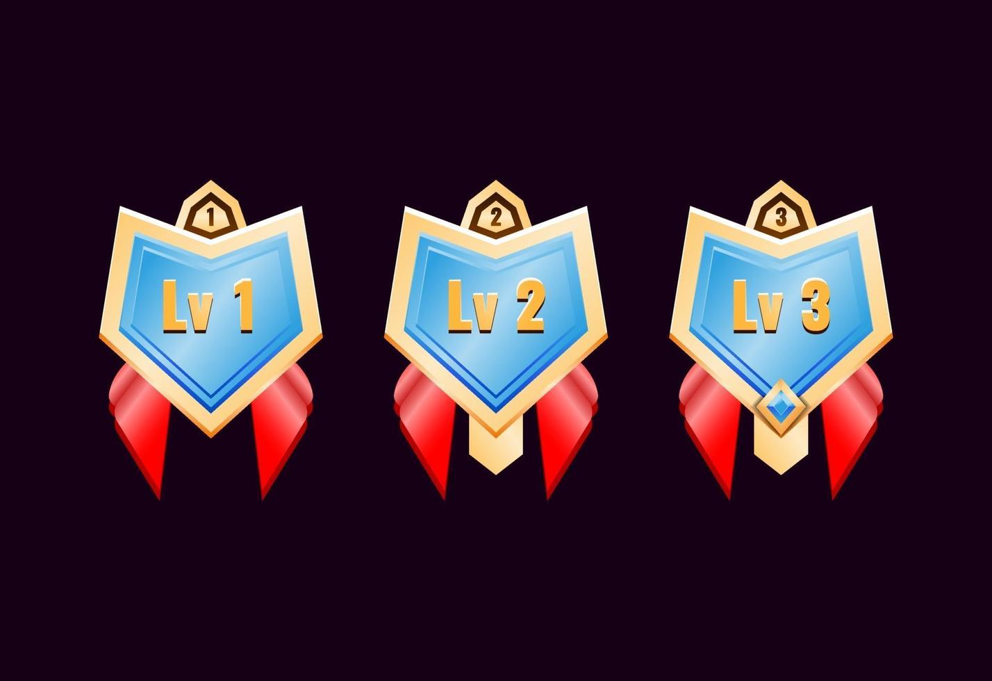 spel ui glänsande gyllene diamant rang badge medaljer med rött band vektor