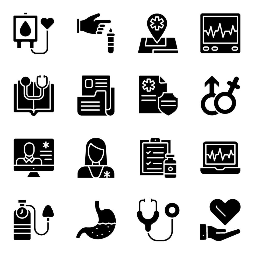 förpackning med fasta ikoner för medicinsk vård vektor