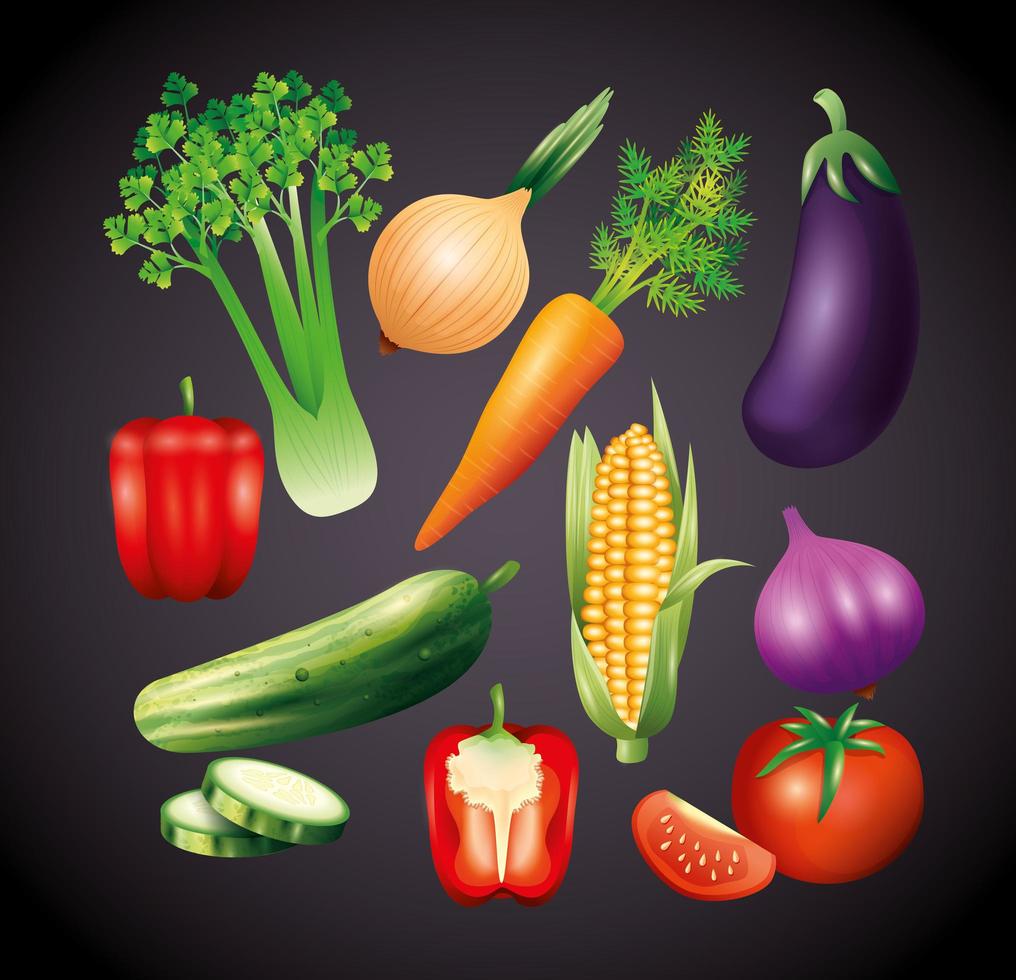 färska ekologiska grönsaker, hälsosam mat, hälsosam livsstil eller diet på svart bakgrund vektor