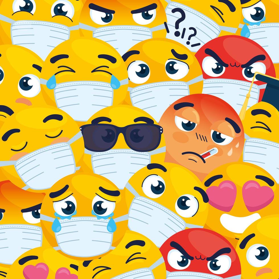 emojis som bär ansiktsmasker bakgrund vektor