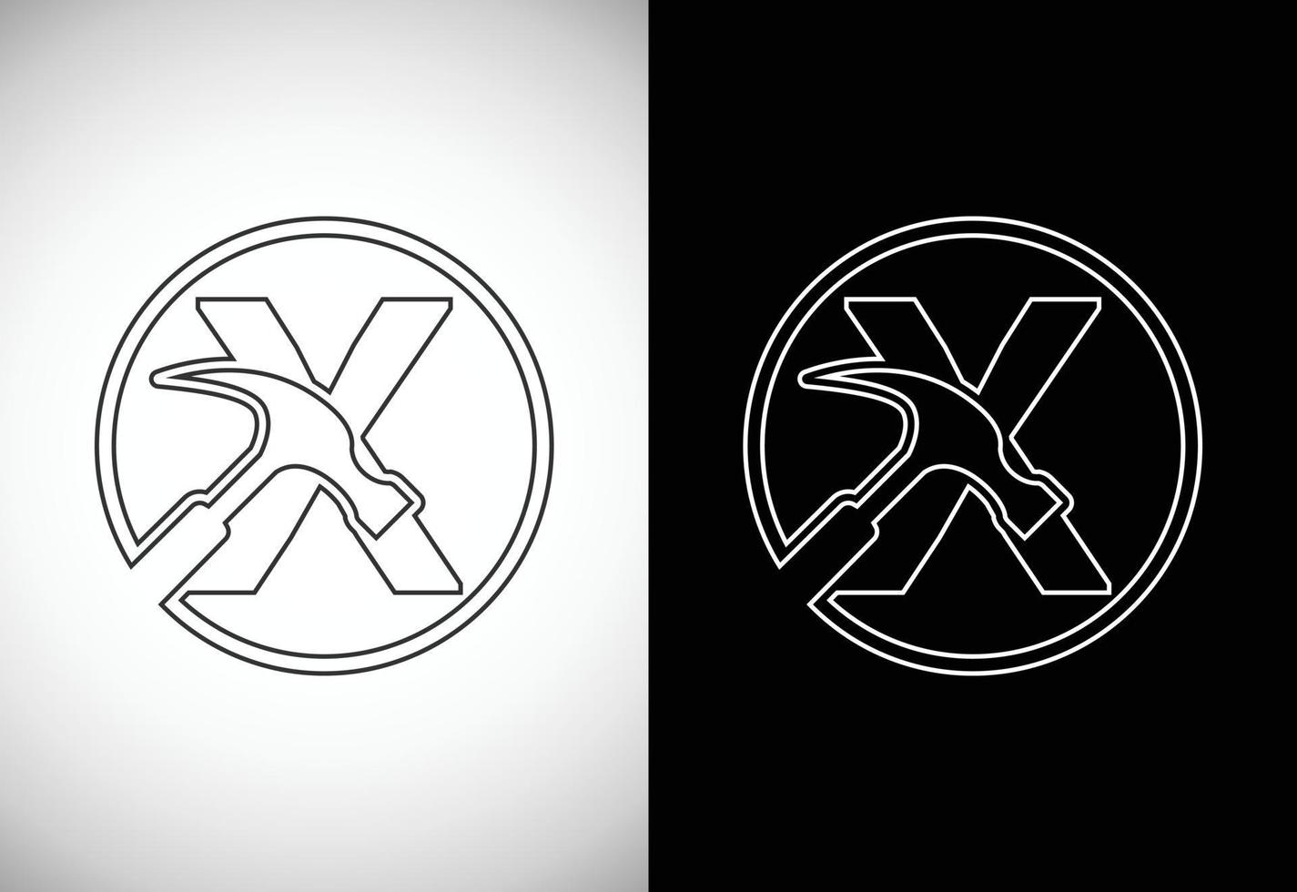 Initiale x Brief Alphabet mit ein Hammer. Reparatur, Renovierung, und Konstruktion Logo. Linie Kunst Stil Logo vektor