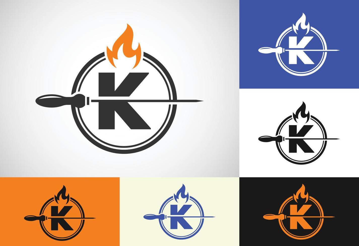 första k brev alfabet med en grillspett och brand flamma. logotyp design för utegrill, seekh kebab, etc. vektor