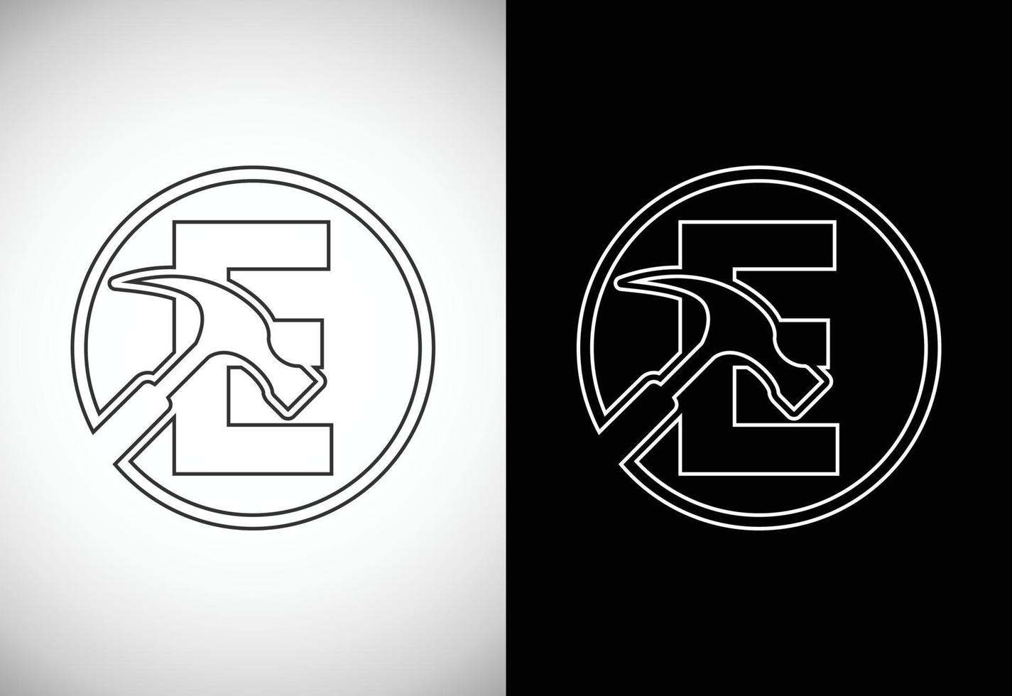 första e brev alfabet med en hammare. reparera, renovering, och konstruktion logotyp. linje konst stil logotyp vektor