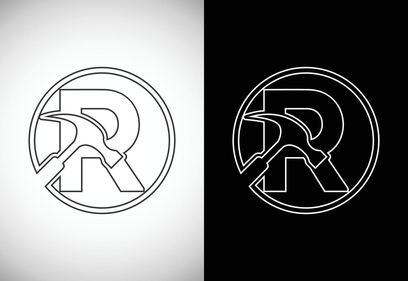 Initiale r Brief Alphabet mit ein Hammer. Reparatur, Renovierung, und Konstruktion Logo. Linie Kunst Stil Logo vektor
