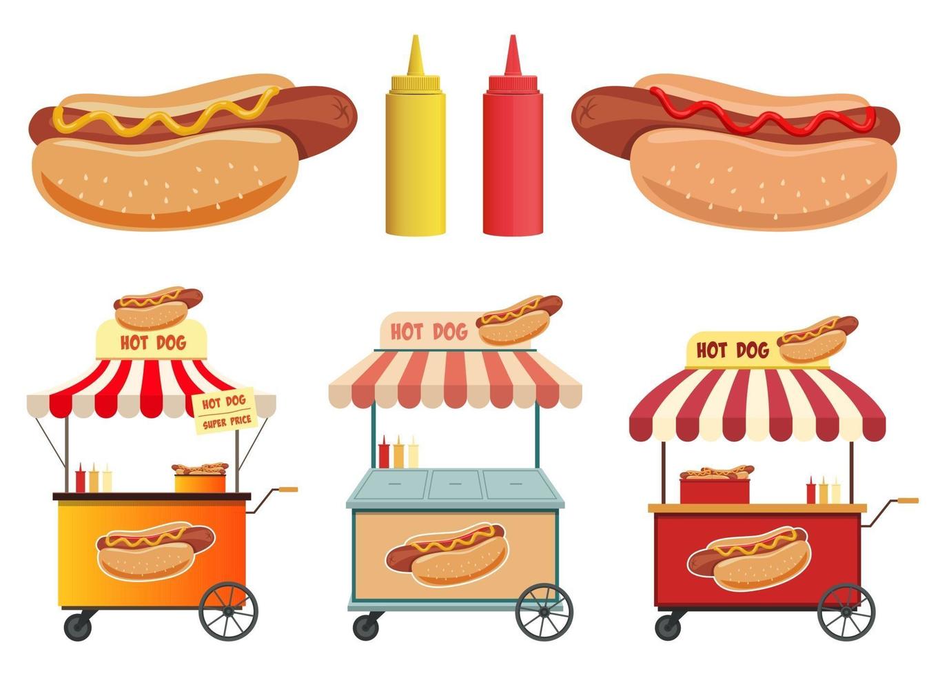 Hot Dog Street Shop, Ketchup und Senf Vektor Design Illustration Set isoliert auf weißem Hintergrund