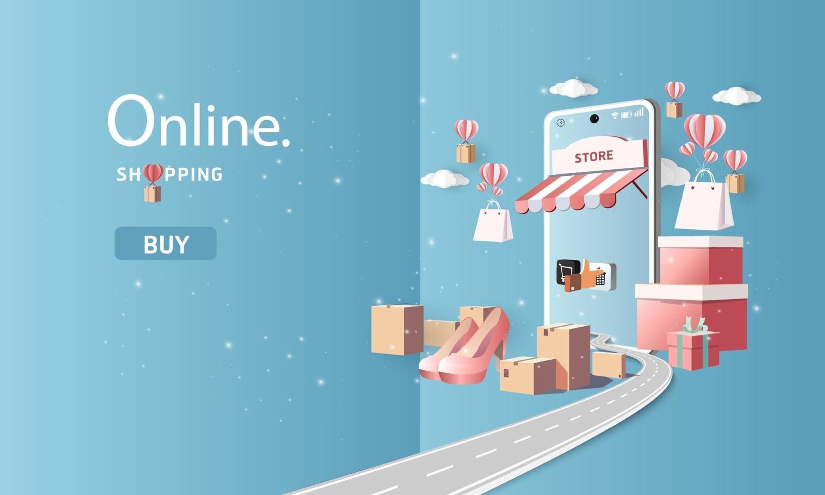 Papierkunst online einkaufen auf Smartphone und neue Kaufverkaufsförderung himmelblau Hintergrund für Banner Markt E-Commerce. vektor