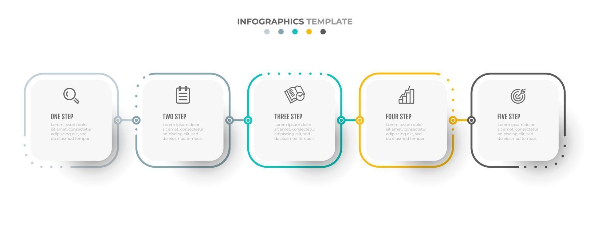 affärsinformation grafisk tunn linje process med fyrkantig mall design med ikoner och 5 alternativ eller steg. vektor illustration.